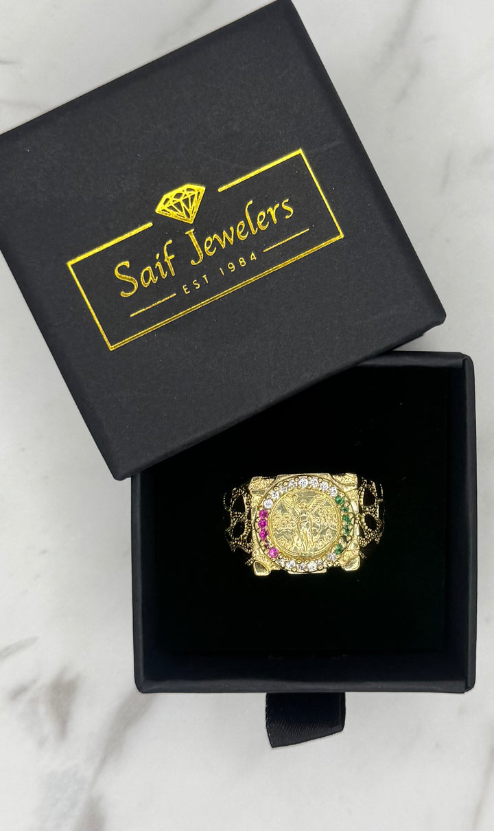 10K Y/G 50 PESOS CENTENARIO COIN NUGGET WITH TRI COLOR STONE RING