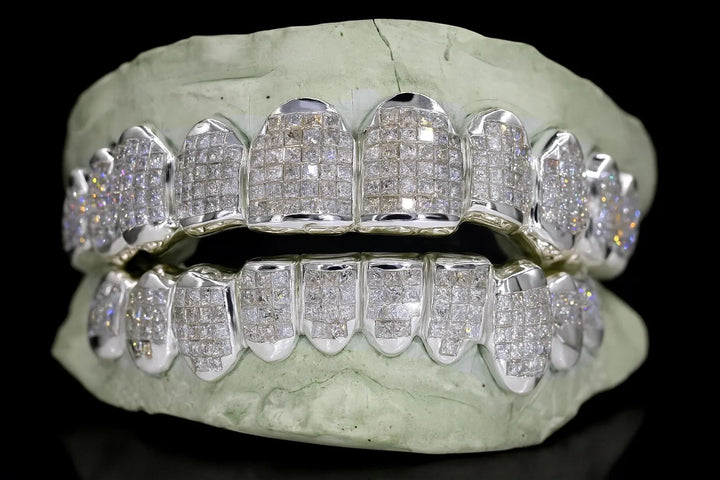 SILVER  MOISSANITE  INVISIBLE SETTING / PRINCESS CUT ICED OUT GRILLZ .