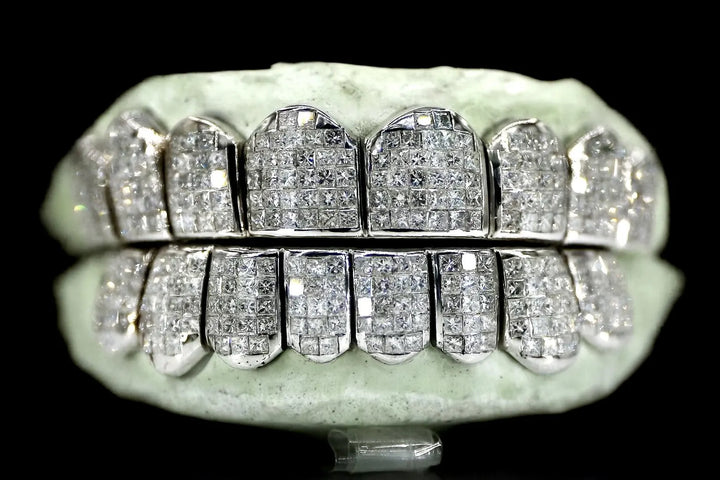 SILVER  MOISSANITE  INVISIBLE SETTING / PRINCESS CUT ICED OUT GRILLZ .