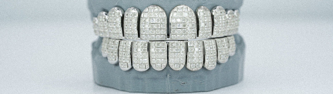 SILVER  MOISSANITE  INVISIBLE SETTING / PRINCESS CUT ICED OUT GRILLZ .