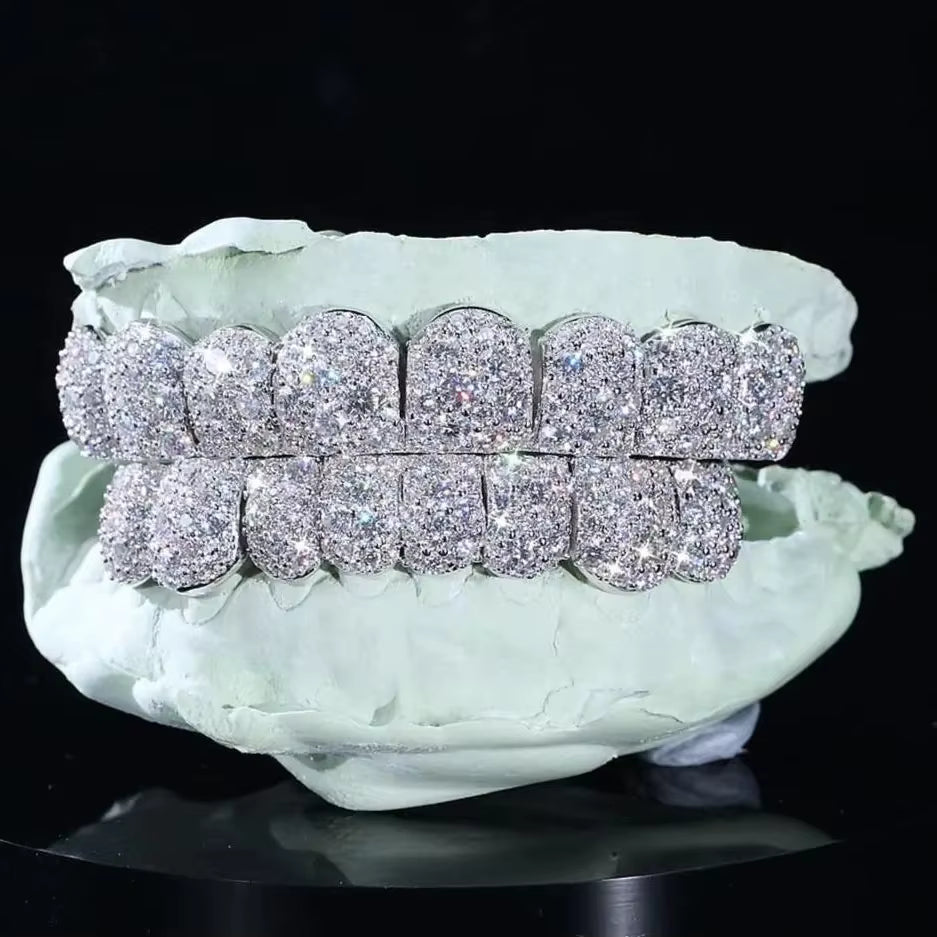 SILVER  MOISSANITE  MOISSAC SETTING STRAIGHT BLOCKY LOOK ICED OUT GRILLZ .