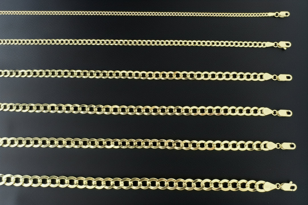 Nine gold-tone chain necklaces of varying widths, ranging from 2.6mm to 10.