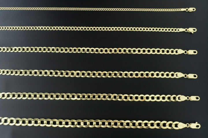 Nine gold-tone chain necklaces of varying widths, ranging from 2.6mm to 10.