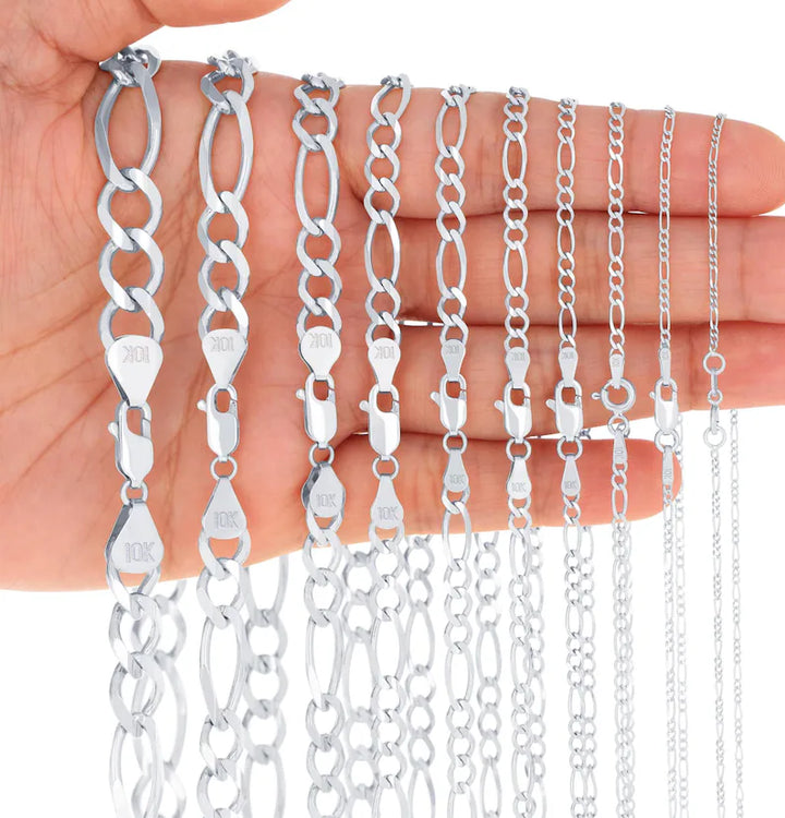 WHITE GOLD SOLID FIGARO CHAIN 10K / 14K WHITE GOLD