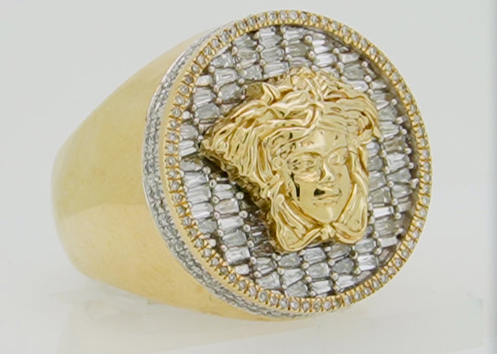 10K YELLOW GOLD 1.40 CTW  DIAMOND MEDUSA HEAD ROUND RING WITH BAGUETTE STONES